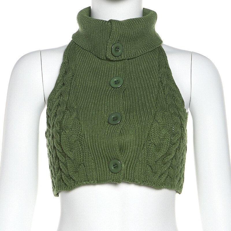 Green Knit Button Turtleneck Crop Top