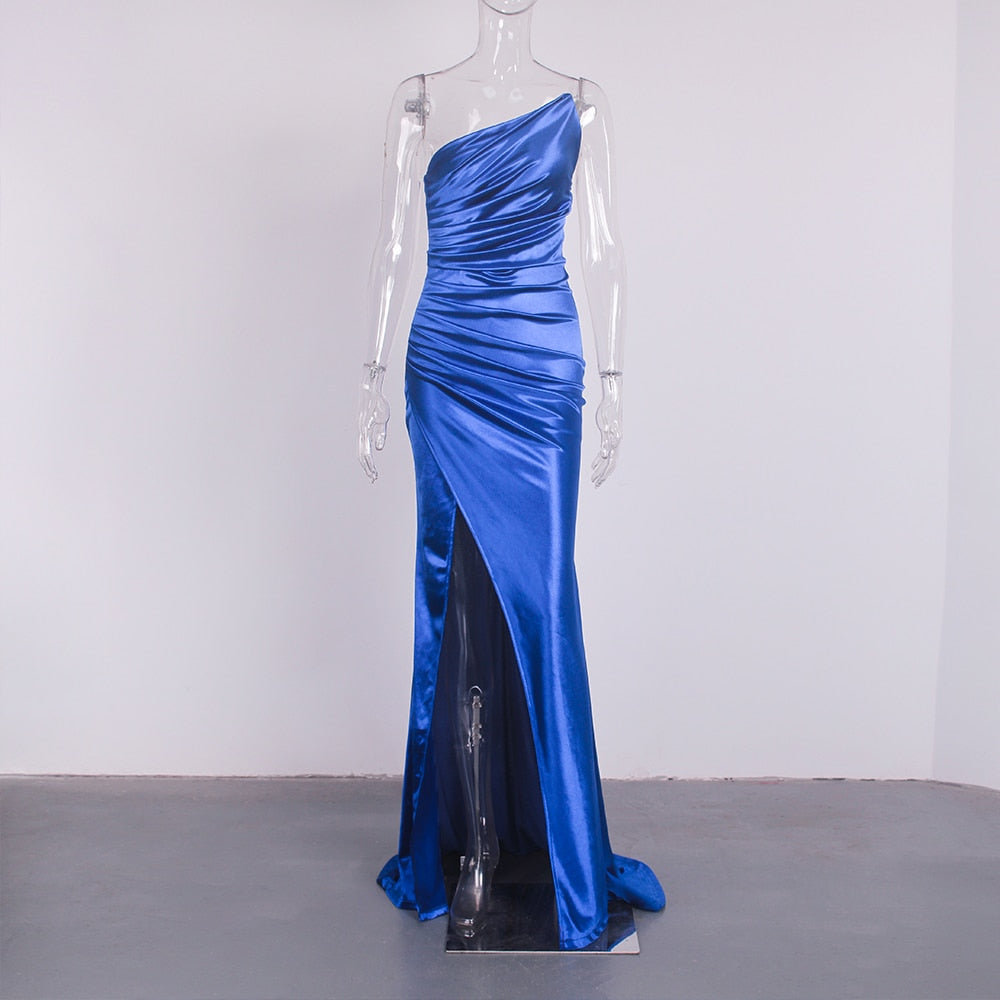 Blue Satin Backless Sleeveless Ruched Slit Maxi Dress