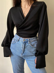 Satin Long Sleeve Wrap Tie Up Crop Shirt