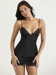 Black Lace Trim Satin Slip Mini Dress With Corset