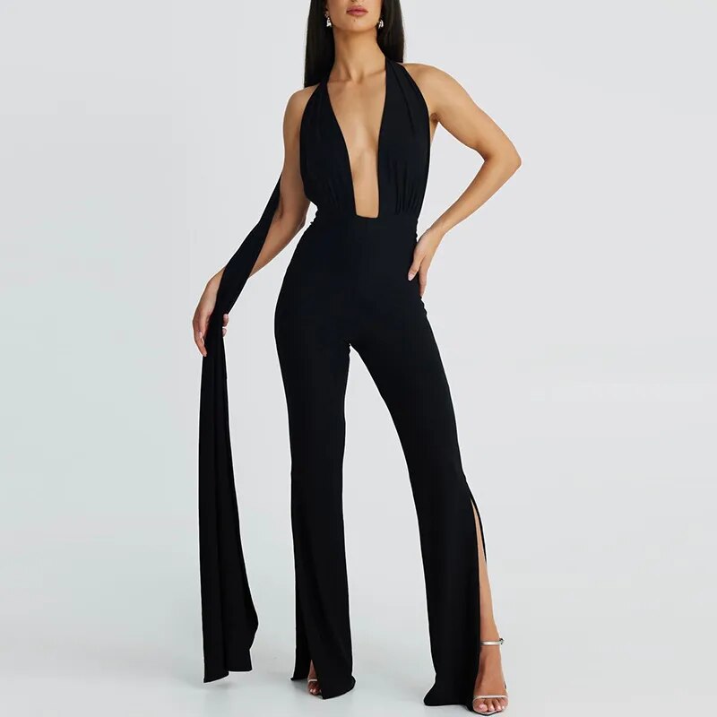 Black Halter Backless Bandage Jumpsuit