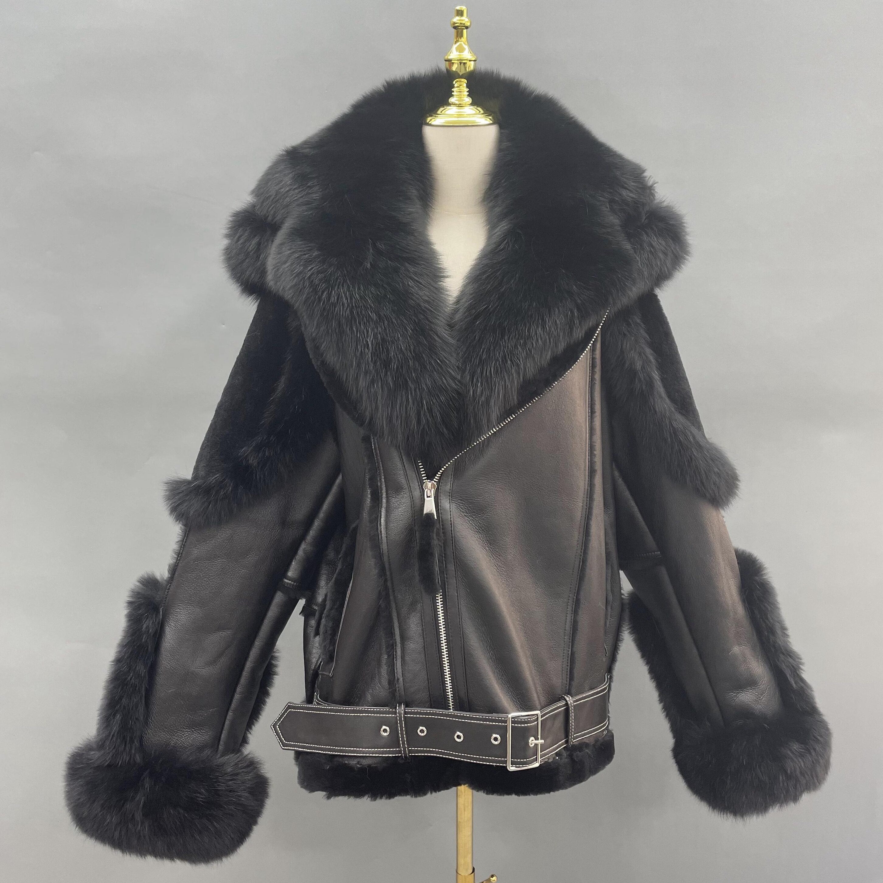 Biker Shearling Real Fur Collar Genuine Leather Moto Jackets