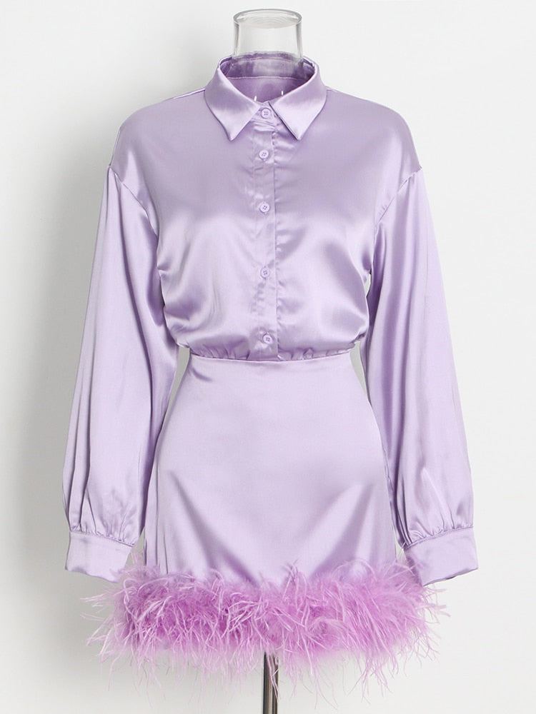 Purple Satin Shirt Style Fur Trim Mini Dress