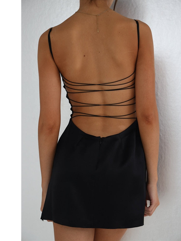 Backless Strap Black Mini Dress