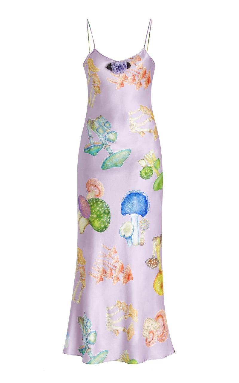 Mushroom Print Satin Maxi Slip Dress