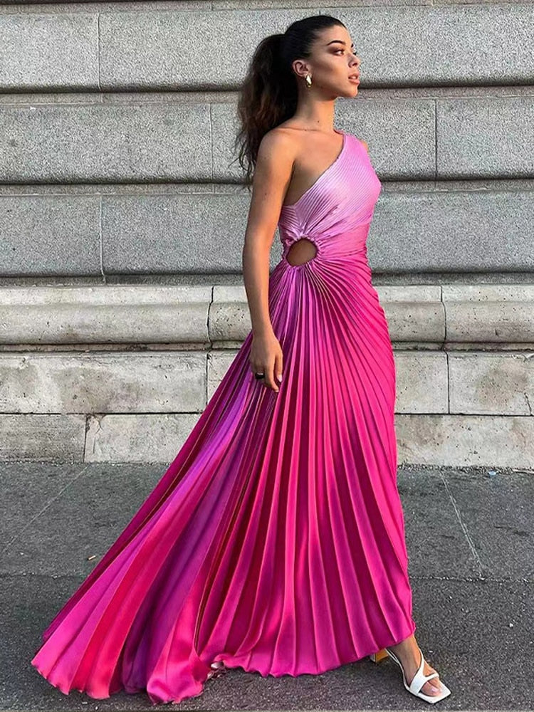 Pink Gradient Pleated One-Shoulder Maxi Dress