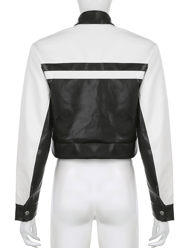 Black And White Stripe Biker Crop Jacket