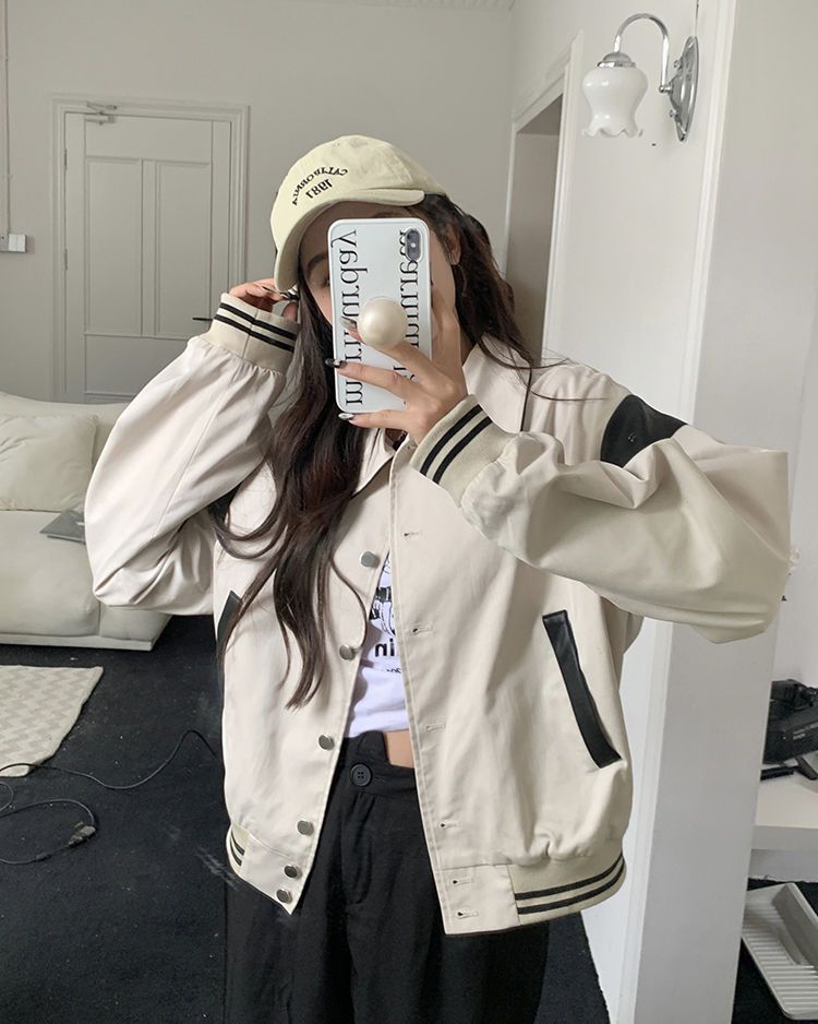 Beige Buttoned Black Patchwork Bomber Jacket