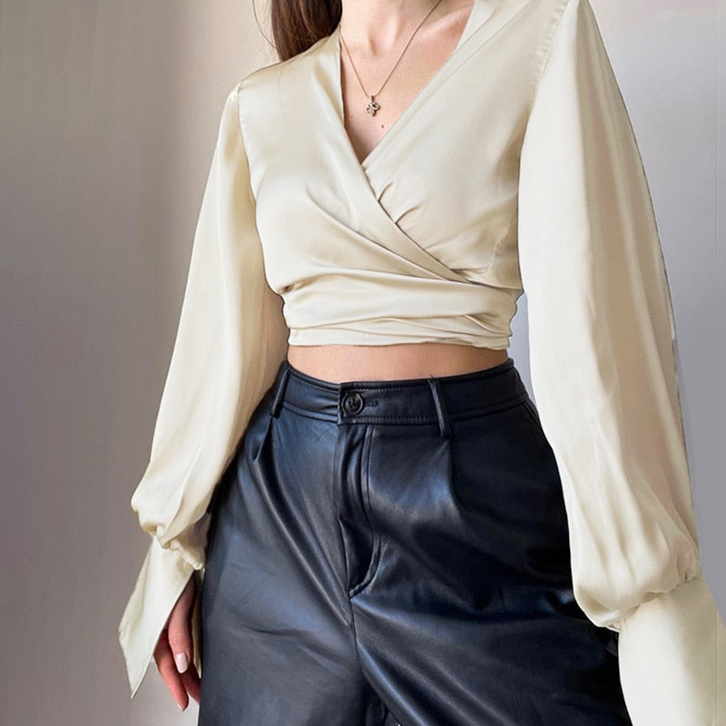 Satin Long Sleeve Wrap Tie Up Crop Shirt