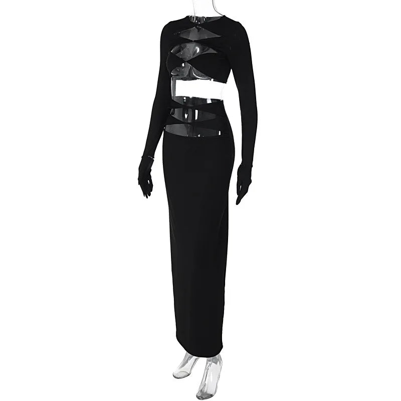 Black Hollow Out Top & Long Skirt With Gloves