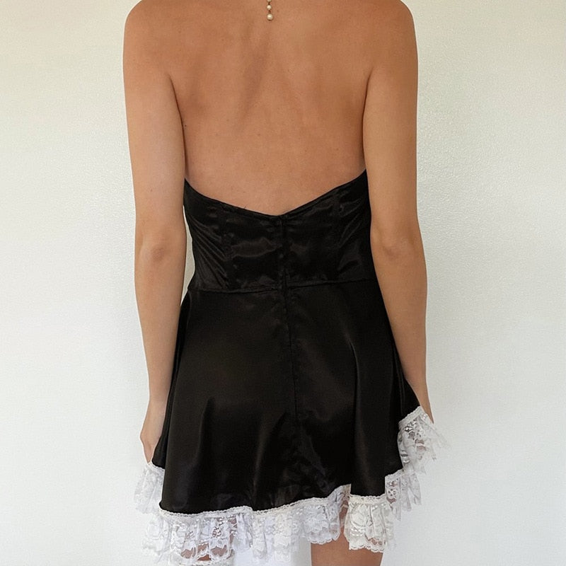 Black Satin Halter Lace Trim Mini Dress