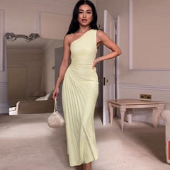 One Shoulder Sleeveless Pleated Irregular Maxi Dresses