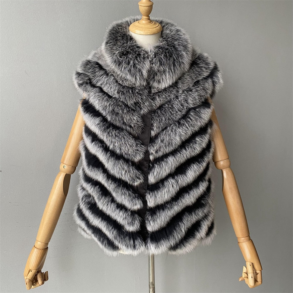 Reversible Knitted Real Fur Vests Silk Lining