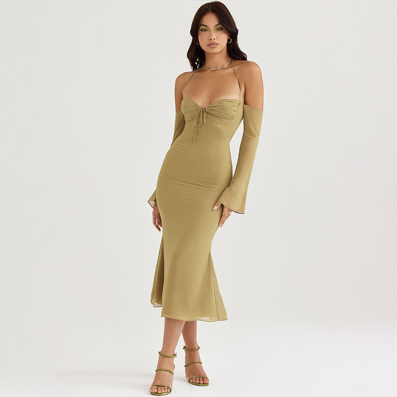 Halter Off Shoulder Long Sleeve Midi Dresses