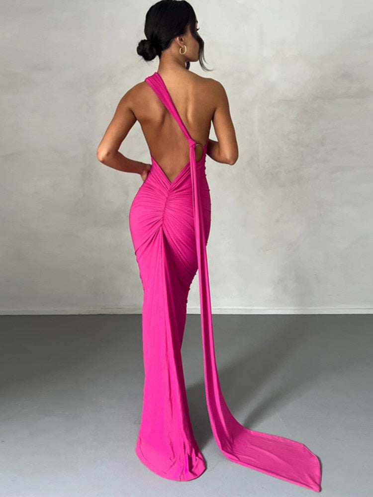 One Shoulder Back Tie Sleeveless Maxi Dresses