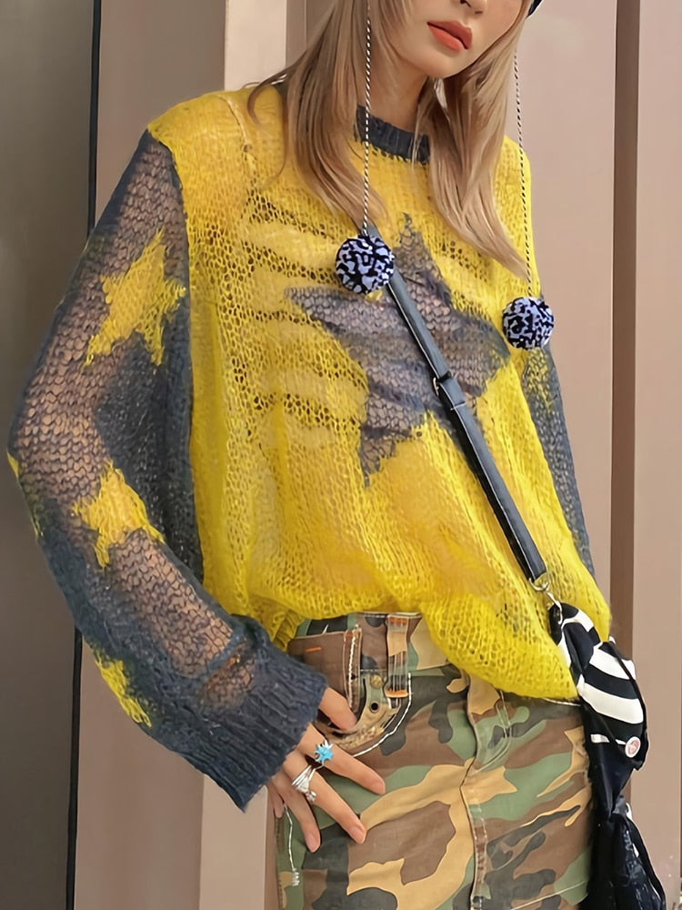 Knit Mesh Star Pattern Contrast Sweater