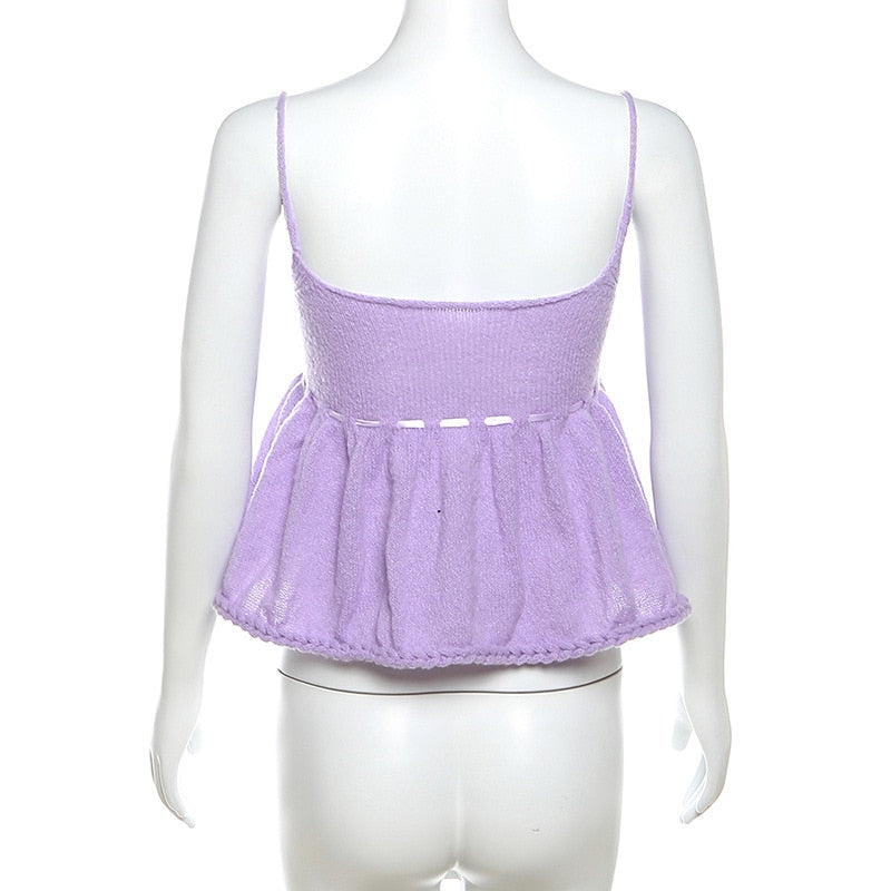 Purple Knitted Cami Lace Bow Crop Top