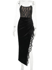 Black Lace Tube Frill Slit Maxi Dress