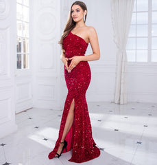 Red Sequin One Shoulder Sleeveless Maxi Dress