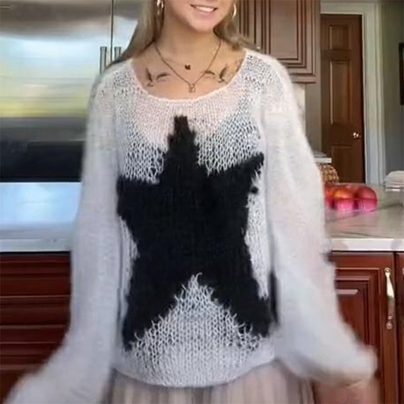 Knit Distressed Star Print Sweater