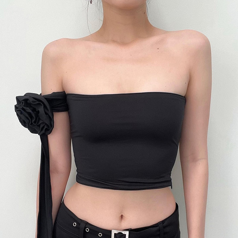 Black Flower Brooch Halter Draped Multi-Way Top