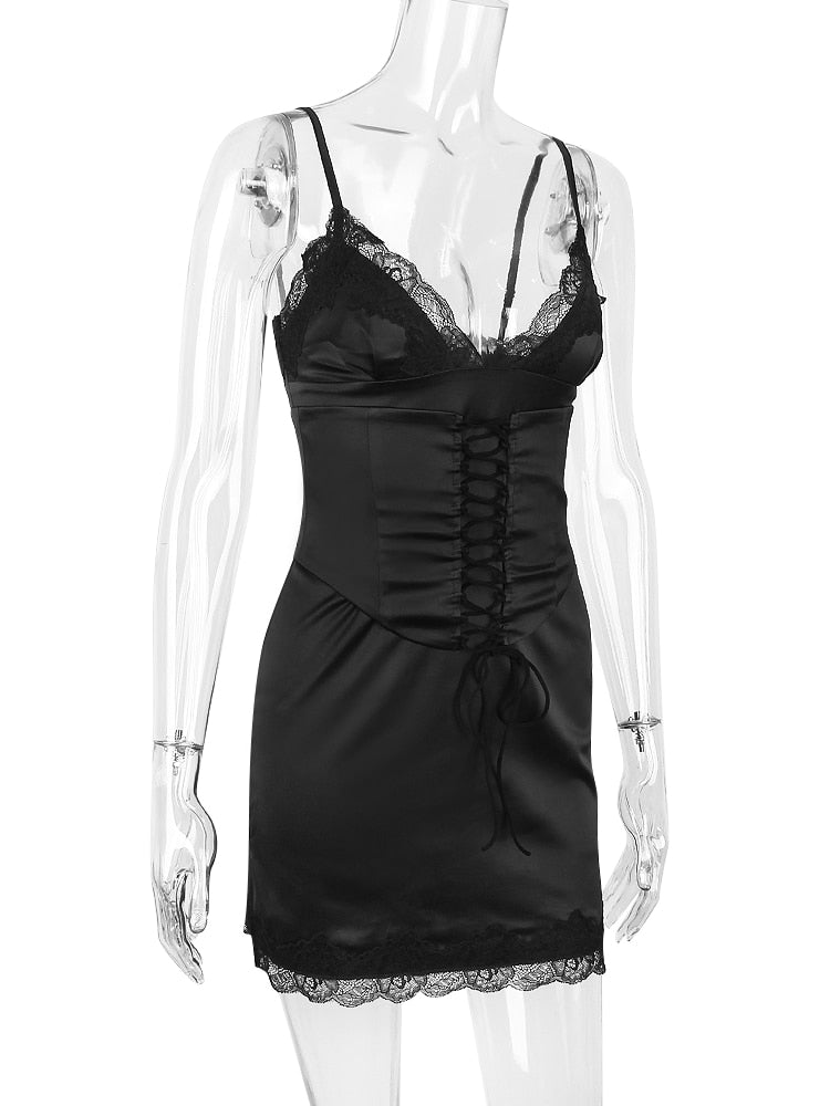 Black Lace Trim Satin Slip Mini Dress With Corset