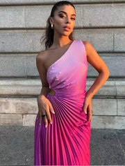 Pink Gradient Pleated One-Shoulder Maxi Dress