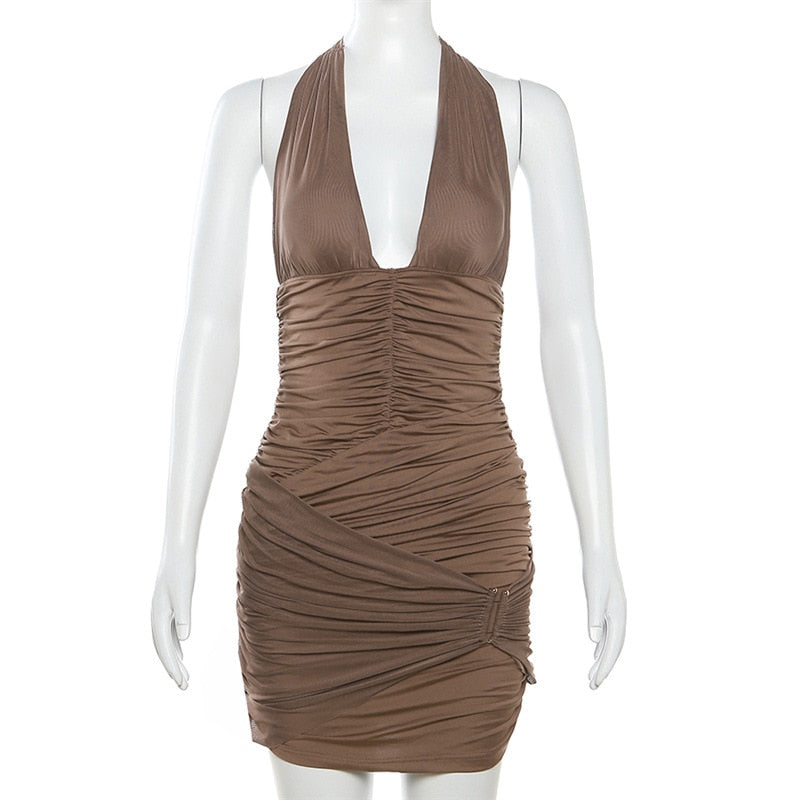 Brown Halter Deep Neck Ruched Bodycon Mini Dress