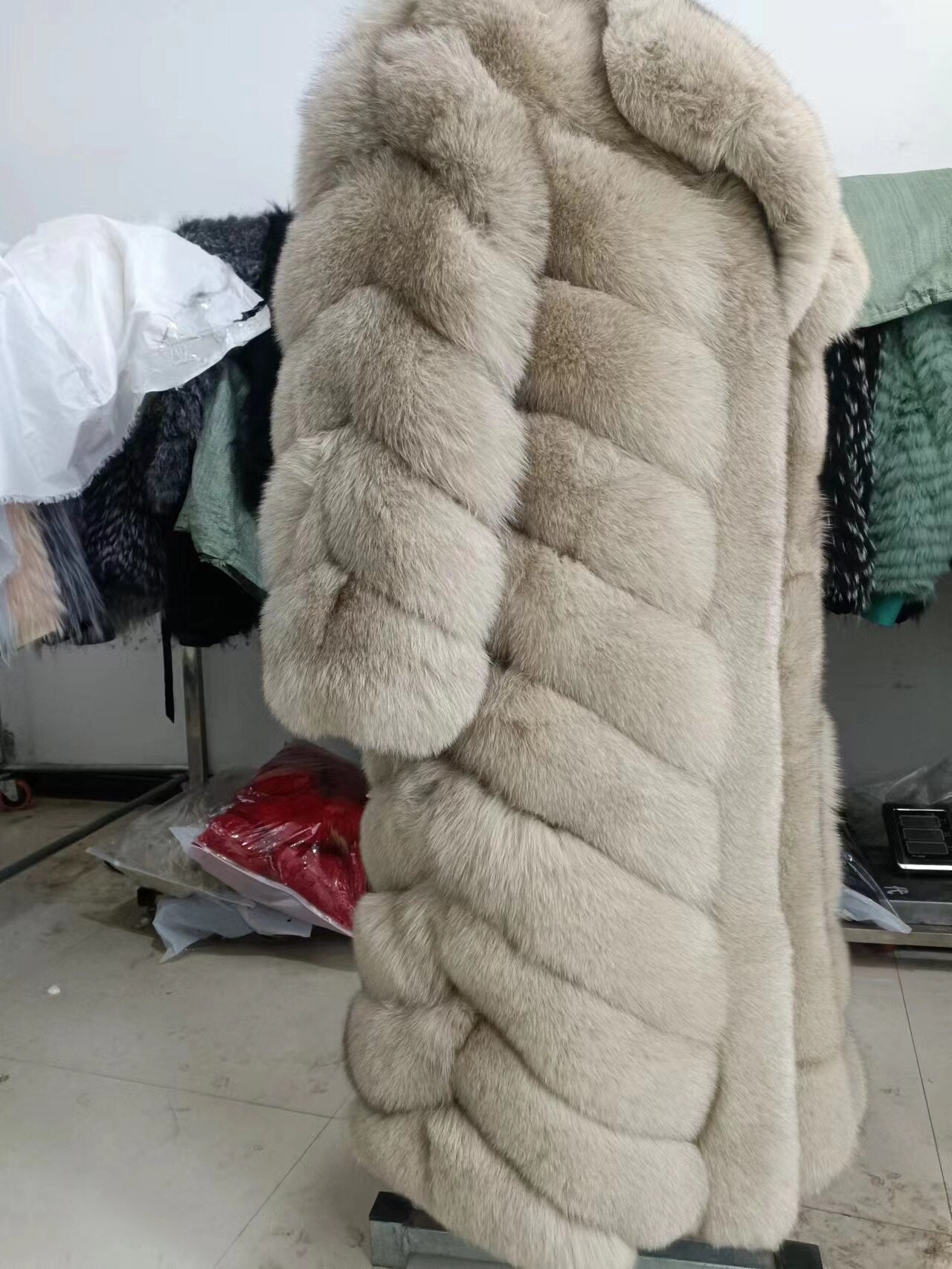 Striped Color Pattern Real Fox Fur Coats  X-Long