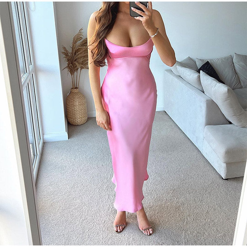 Satin Sleeveless Backless Slit Midi Dress