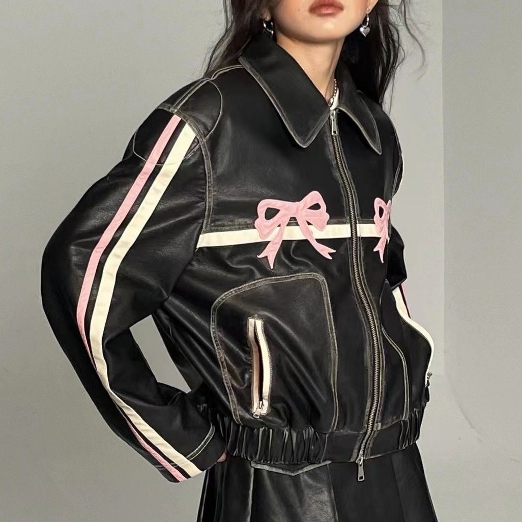 Faux Leather Stripe Bow Zipper Jacket