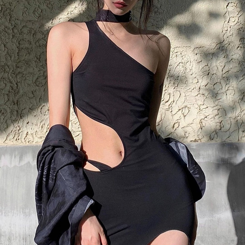 Black Halter Irregular Cut Out High Split Midi Dress