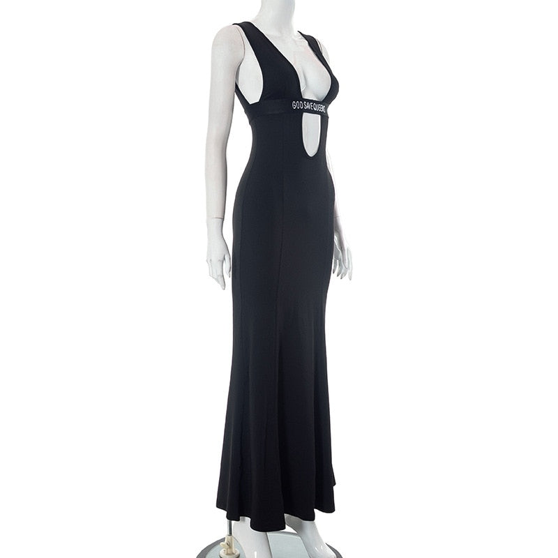 Black Deep Neck Strappy Bodycon Maxi Dress