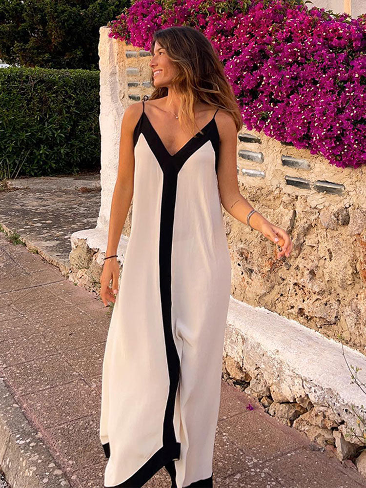 Two Tone V-neck Slip Maxi Dress