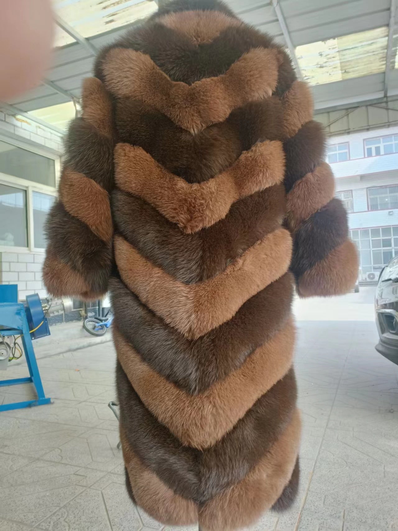 Striped Color Pattern Real Fox Fur Coats  X-Long