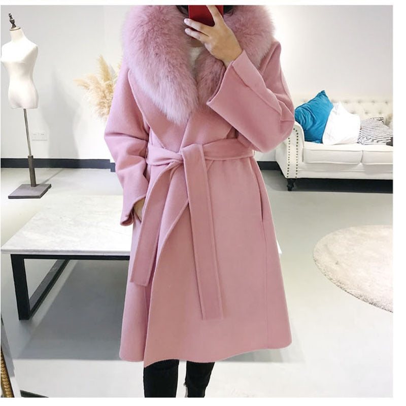 Loose Wool Coat Real Fur Collar Over Sized With Belt