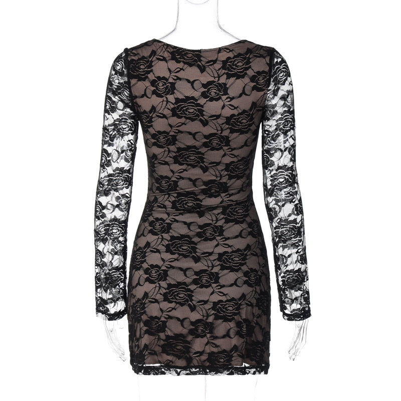 Black Lace Layered Long Sleeve Mini Dress