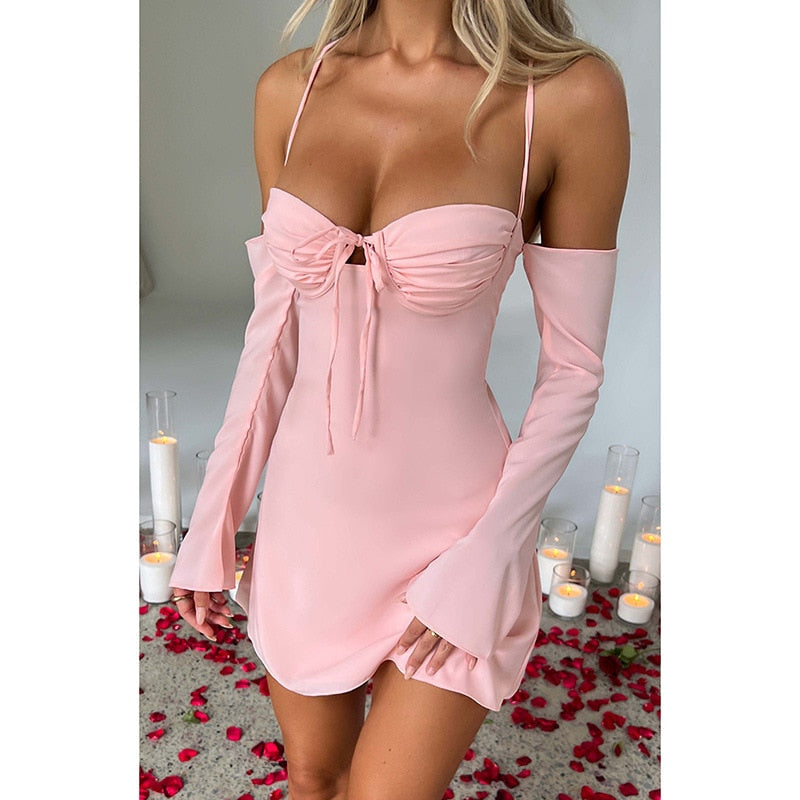 Off-shoulder Strappy Backless Tie-Up Mini Dress