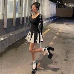 Black Long Sleeve White Frill Patchwork Bow Mini Dress