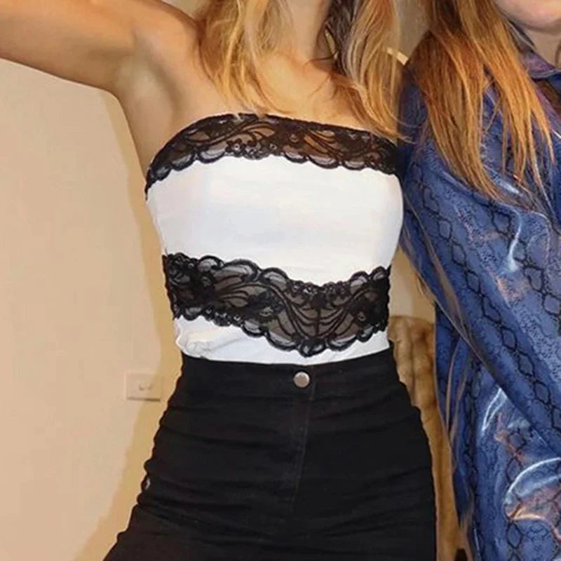 Black Lace Trim White Tube Top