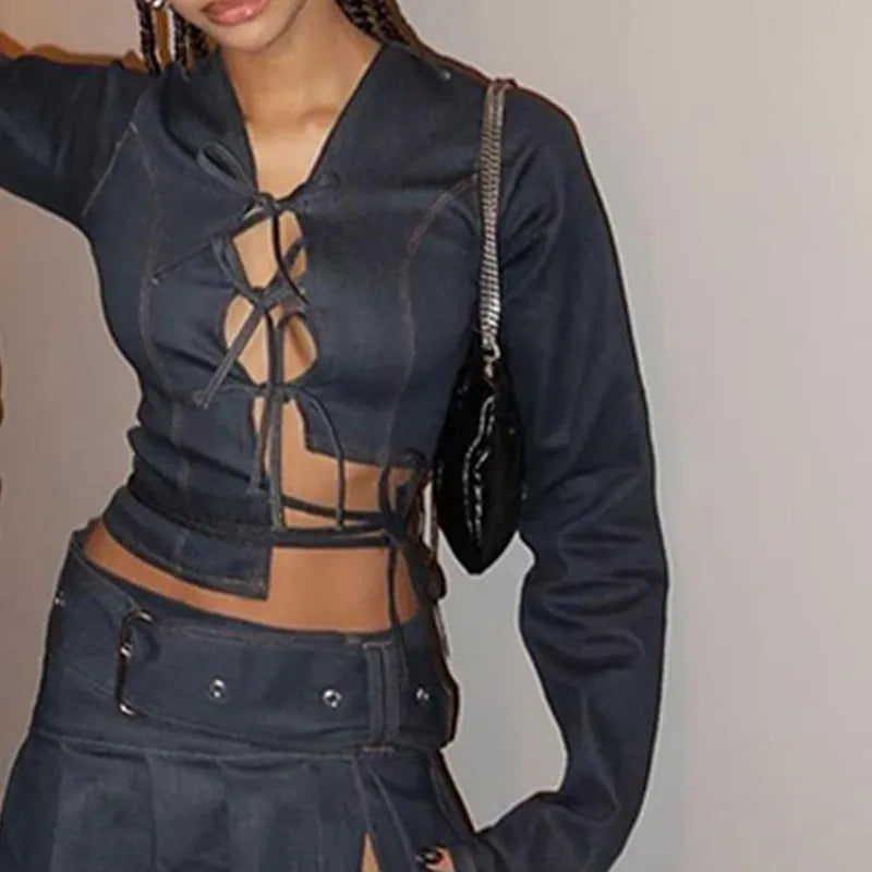 Denim Bow Tie-Up Crop Top And Slit Mini Skirt