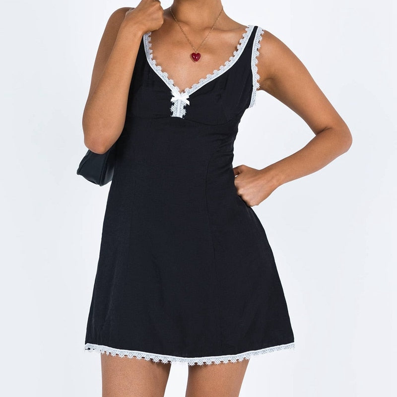 Black Lace Trim V Neck Mini Dress