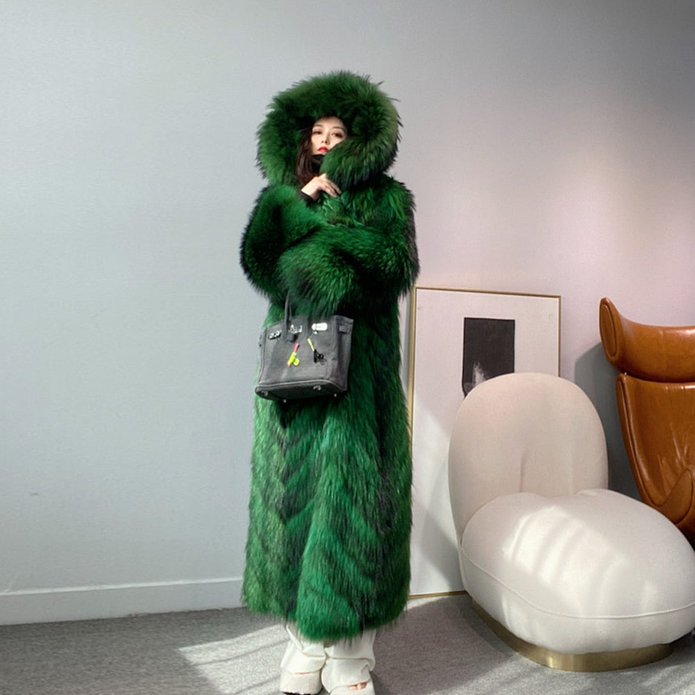 Big Green Real Fur Collar Hood Long Coat