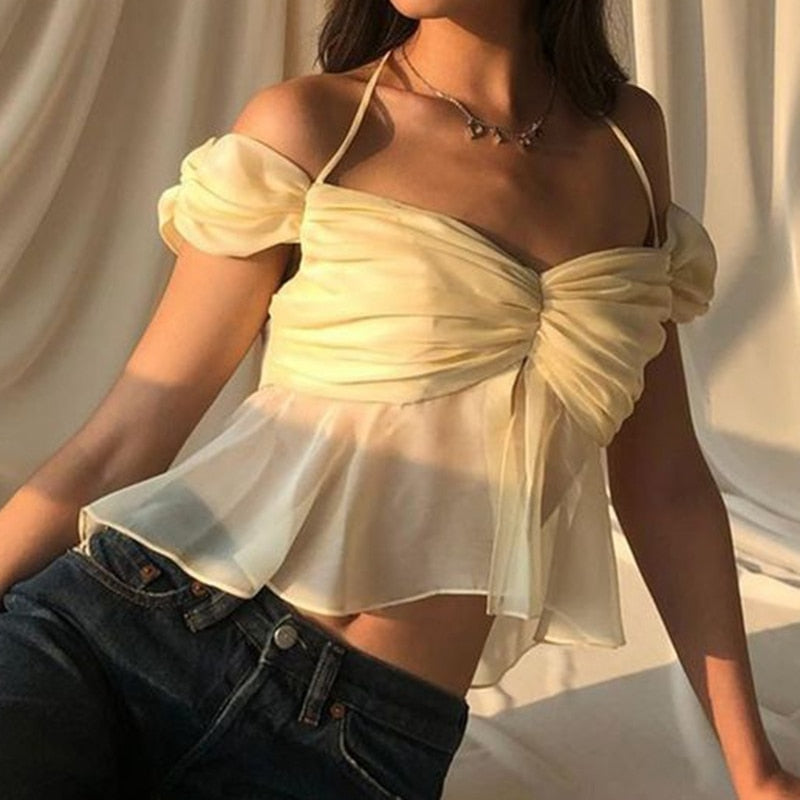 Mesh Ruched Off-shoulder Crop Top