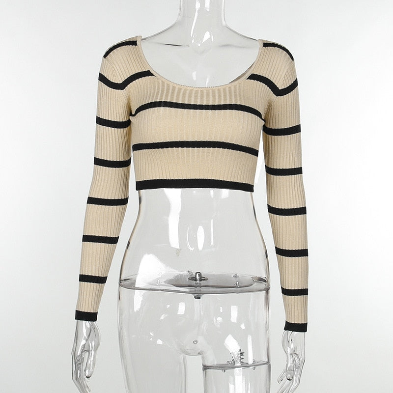 Striped Ribbed Long Sleeve Crop Top