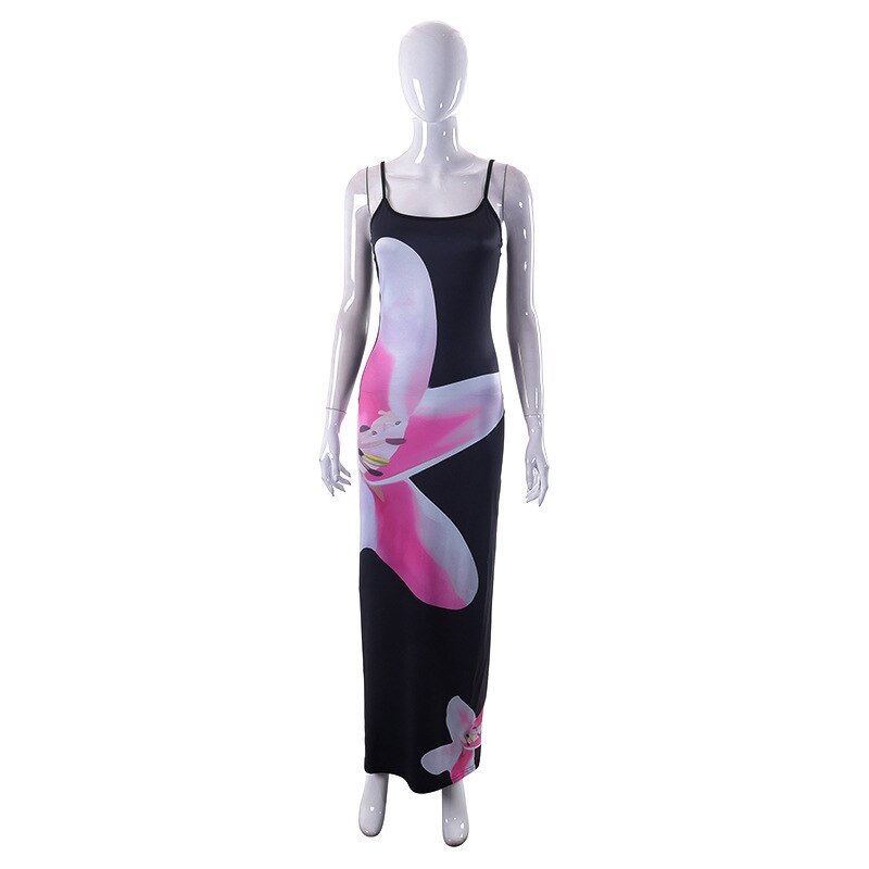 Black Strap Lilly Print Maxi Slip Dress