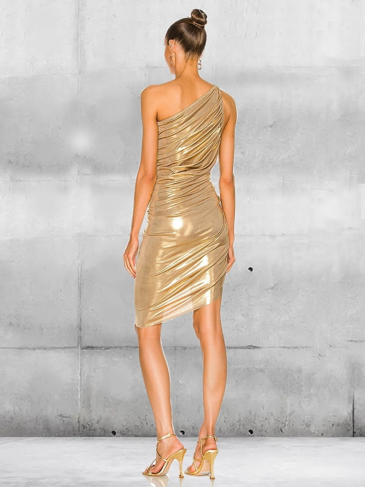 Golden Ruched One Shoulder Bodycon Midi Dress