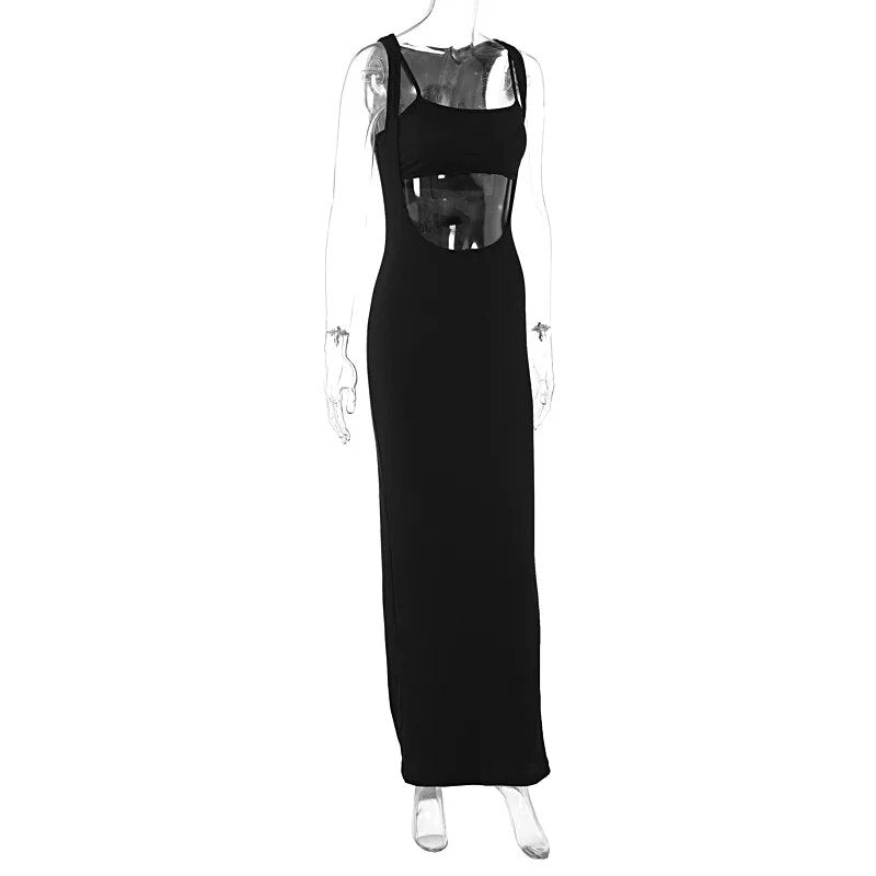 Ribbed Bandeau Deep Neck Layered Strap Long Dress