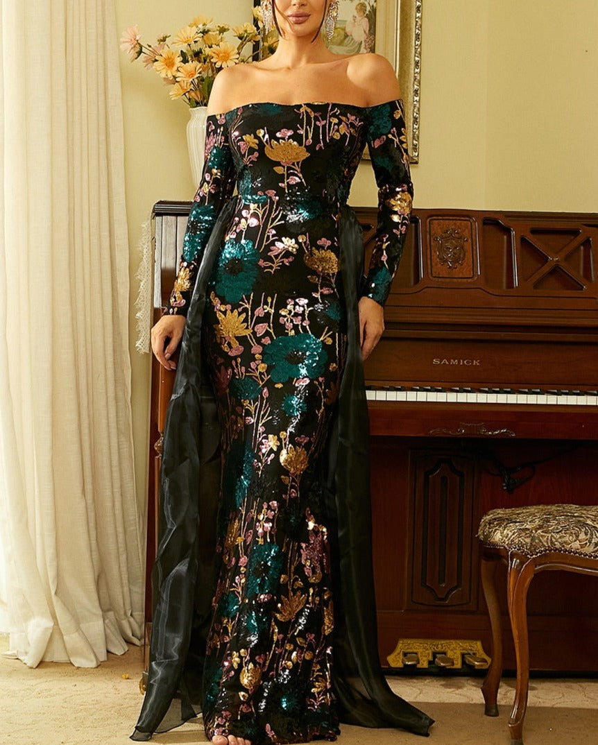 Sequin Off Shoulder Hip Drape Maxi Dress