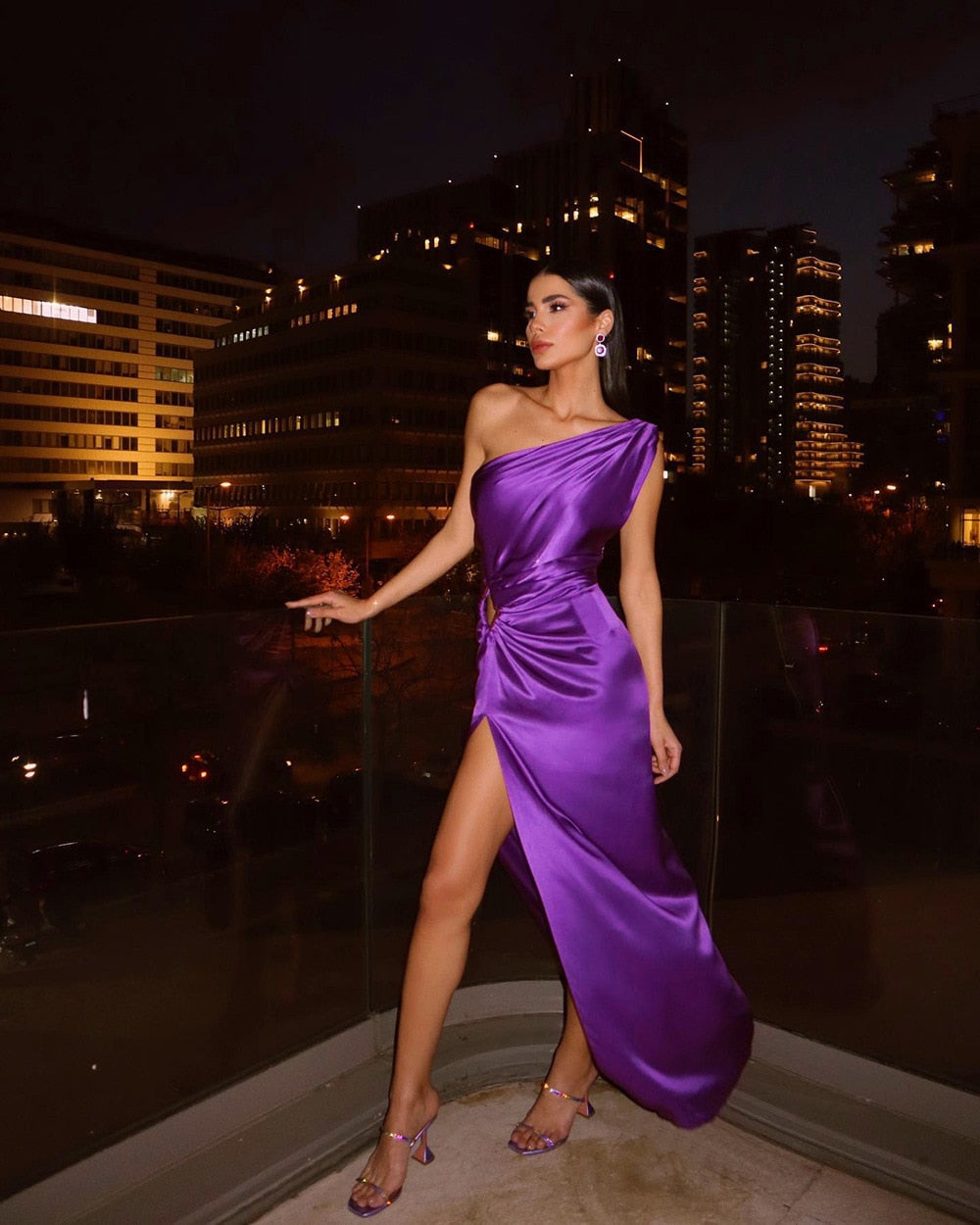 Purple One Shoulder Satin Hollow Cut Maxi Dress